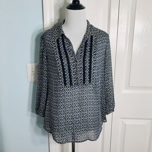 Lucky Brand Sheer Navy Blue & Cream Boho Peasant Top Size Small